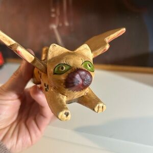 Vintage 90s Handcrafted Wooden Winged Cat Figurine Indonesia 5"
